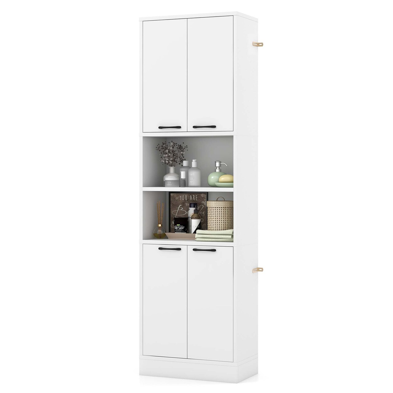 Costway 75" Tall Bathroom Storage Cabinet with 4 Doors & 2 Open Compartments Freestanding Black/White
